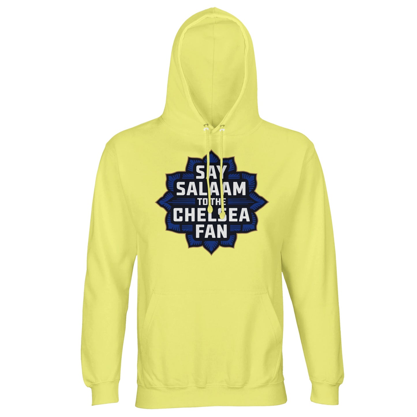 Say Salaam to the Chelsea Fan Design #4 Part-Recycled Cotton-Poly Unisex Hoodie (light) – Light Yellow / Lemon Chiffon with Navy Blue bold star-shaped badge in Islamic geometry with stacked gold lettering. A modest hoodie for Muslim Chelsea fans who relive UCL wins, pray at half-time, and wear their faith pitchside. Emblem-free and official-store-free, this Stamford Bridge sweatshirt suits fans who cheer between suhoor and streaming, all in recycled cotton comfort and halal flair at a very good price.