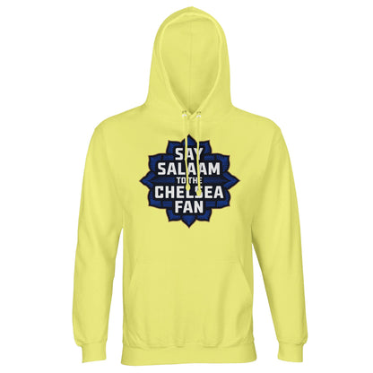 Say Salaam to the Chelsea Fan Design #4 Part-Recycled Cotton-Poly Unisex Hoodie (light) – Light Yellow / Lemon Chiffon with Navy Blue bold star-shaped badge in Islamic geometry with stacked gold lettering. A modest hoodie for Muslim Chelsea fans who relive UCL wins, pray at half-time, and wear their faith pitchside. Emblem-free and official-store-free, this Stamford Bridge sweatshirt suits fans who cheer between suhoor and streaming, all in recycled cotton comfort and halal flair at a very good price.