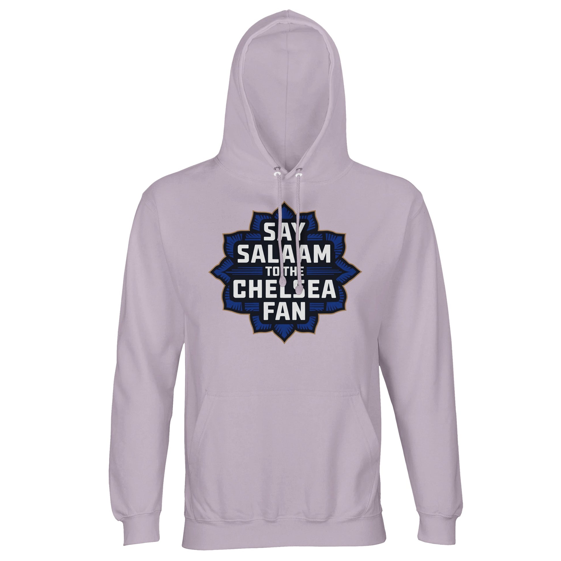 Say Salaam to the Chelsea Fan Design #4 Part-Recycled Cotton-Poly Unisex Hoodie (light) – Lilak / Wisteria Purple featuring gold-lettered navy badge graphic in starburst Islamic design. A hoodie for Chelsea supporters who love the Blues but live their deen. Sustainable, modest and respectful, this sweatshirt is made for streaming matches, supporting ethically and skipping Megastore merch. Football pride, Stamford Bridge legacy, and Islam-friendly fashion in every stitched sleeve.