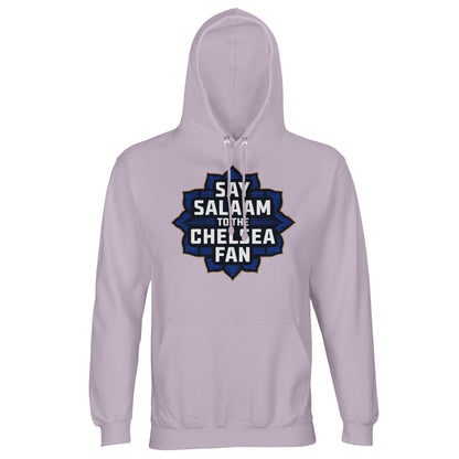 Say Salaam to the Chelsea Fan Design #4 Part-Recycled Cotton-Poly Unisex Hoodie (light) – Lilak / Wisteria Purple featuring gold-lettered navy badge graphic in starburst Islamic design. A hoodie for Chelsea supporters who love the Blues but live their deen. Sustainable, modest and respectful, this sweatshirt is made for streaming matches, supporting ethically and skipping Megastore merch. Football pride, Stamford Bridge legacy, and Islam-friendly fashion in every stitched sleeve.