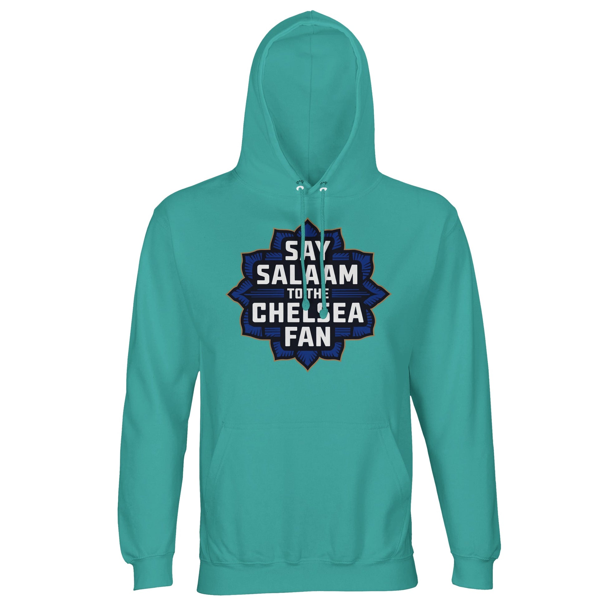 Say Salaam to the Chelsea Fan Design #4 Part-Recycled Cotton-Poly Unisex Hoodie (light) – Pool Blue / Light Sea Green with navy badge and stacked Chelsea lettering in gold. This modest, recycled hooded top is for Muslim fans of Chelsea who pray between halves, remember Lampard goals, and wear their support without sponsor logos. Made for peaceful support, not brand worship – just Stamford Bridge loyalty, ethical fashion choices, and Muslim football pride from SW6 to suhoor.