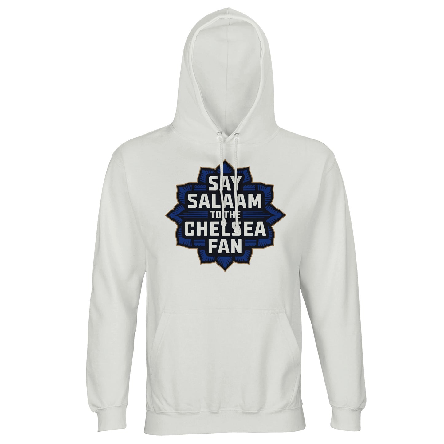 Say Salaam to the Chelsea Fan Design #4 Part-Recycled Cotton-Poly Unisex Hoodie (light) – White / Platinum with navy and gold graphic in star-shaped Islamic style. Modest, faith-friendly hooded sweatshirt for proud Chelsea fans who stay halal, stream replays, and avoid the sponsor-stamped club shop gear. Recycled cotton blend pullover with a hood made for those who spread peace from SW6 to suhoor, with no badge, no slogans – just Blues pride, ethical fashion, and Stamford Bridge memories.