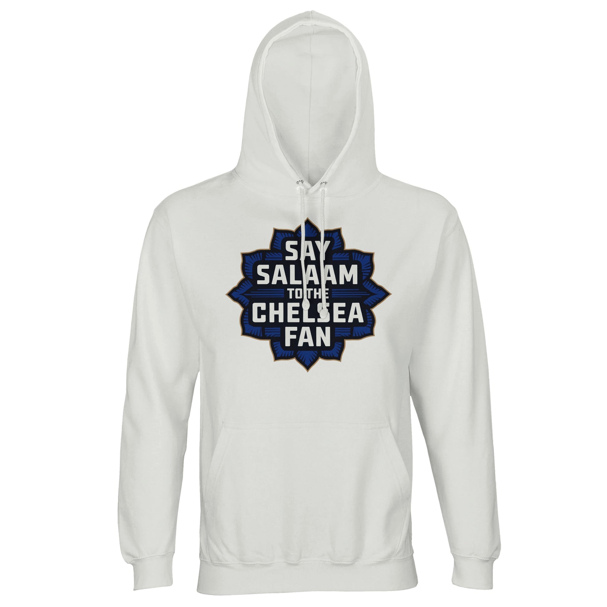 Say Salaam to the Chelsea Fan Design #4 Part-Recycled Cotton-Poly Unisex Hoodie (light) – White / Platinum with navy and gold graphic in star-shaped Islamic style. Modest, faith-friendly hooded sweatshirt for proud Chelsea fans who stay halal, stream replays, and avoid the sponsor-stamped club shop gear. Recycled cotton blend pullover with a hood made for those who spread peace from SW6 to suhoor, with no badge, no slogans – just Blues pride, ethical fashion, and Stamford Bridge memories.