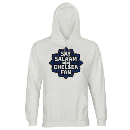 Say Salaam to the Chelsea Fan Design #4 Part-Recycled Cotton-Poly Unisex Hoodie (light) – White / Platinum with navy and gold graphic in star-shaped Islamic style. Modest, faith-friendly hooded sweatshirt for proud Chelsea fans who stay halal, stream replays, and avoid the sponsor-stamped club shop gear. Recycled cotton blend pullover with a hood made for those who spread peace from SW6 to suhoor, with no badge, no slogans – just Blues pride, ethical fashion, and Stamford Bridge memories.