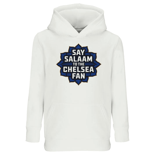 Say Salaam to the Chelsea Fan Design #4 Part-Recycled Cotton-Poly Kids Hoodie – White / Navy and Gold featuring a bold star-shaped Islamic badge with stacked lettering. Modest, faith-friendly pullover with a hood for young Muslim Chelsea fanatics who pray at the stadium offs and replay winning the Champions League highlights on YouTube. Eco-conscious recycled cotton blend hooded top – no badge, no sponsor, just halal football streetwear suited to generations of Blues supporters who spread peace in SW6.