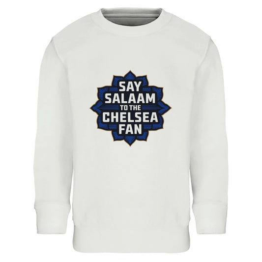 Say Salaam to the Chelsea Fan Design #4 Part-Recycled Cotton-Poly Kids Sweatshirt – White / Platinum featuring a deep navy Islamic-style badge with golden Chelsea text in bold stacked font. Modest, faith-friendly, soft jumper for young Blues fans who rep their club through recycled fashion and SW6 spirit. No badge or branding, just fairly-priced, ethical Chelsea fanwear stitched with peace, pride and prayer – from stadium to streaming matches between Suhoor and Salah at Stamford Bridge and away.