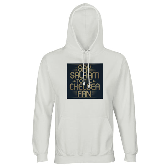 Say Salaam to the Chelsea Fan Design #5 Part-Recycled Cotton-Poly Unisex Hoodie – White / Platinum featuring a vintage-style gold graphic in retro stacked font over a deep navy square. This halal, modest football hooded pullover is for supporters of the Blues who track line-ups, relive UCL wins and wear team pride through faith and fashion. Unofficial Stamford Bridge streetwear, no club crest – just Chelsea love, Muslim style, and recycled cotton comfort not from the MegaStore after visiting Chelsea stadium