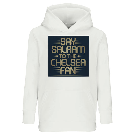 Say Salaam to the Chelsea Fan Design #5 Part-Recycled Cotton-Poly Kids Hoodie – White / Platinum featuring an art deco-style Chelsea graphic in gold over a deep navy square. Soft modest hooded top for Muslim youngsters who chant at Stamford Bridge, follow Academy scores or browse the club shop. Made for matchdays, football on Fridays or streaming. No badge, just faith-driven fandom stitched with style. A halal gift for junior Blues repping colour and character for a good price at Eid and for birthdays.
