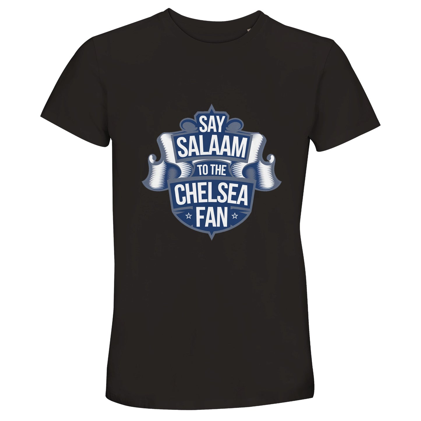 Say Salaam to the Chelsea Fan Design #6 50% Recycled Unisex Cotton T-Shirt – Deep Black / Zeus featuring a deep navy graphic styled like a classic scroll crest. Modest footballwear for Chelsea followers who rewatch goals, stream the matches on home and away days or skip the Megastore for unofficial merch. This soft cotton tee suits matchdays. Sustainable, sponsor-free football style made for Muslim Blues supporters proud to rep West London with halal graphic merch and no club crest at a cheap price.