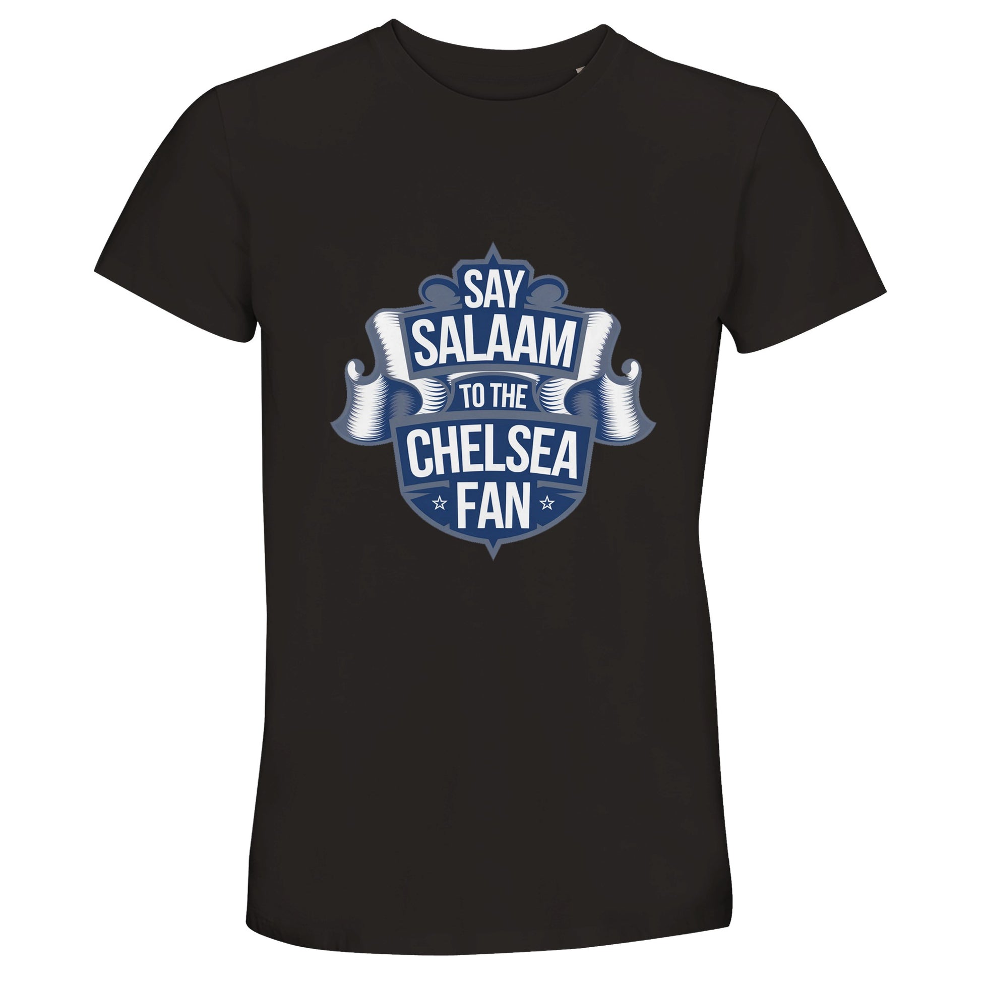 Say Salaam to the Chelsea Fan Design #6 50% Recycled Unisex Cotton T-Shirt – Deep Black / Zeus featuring a deep navy graphic styled like a classic scroll crest. Modest footballwear for Chelsea followers who rewatch goals, stream the matches on home and away days or skip the Megastore for unofficial merch. This soft cotton tee suits matchdays. Sustainable, sponsor-free football style made for Muslim Blues supporters proud to rep West London with halal graphic merch and no club crest at a cheap price.