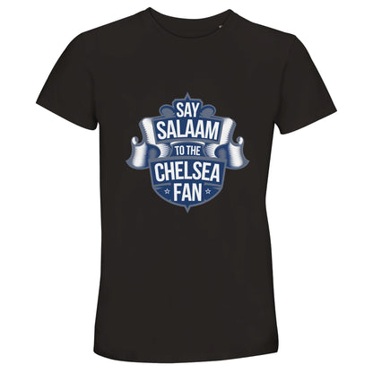 Say Salaam to the Chelsea Fan Design #6 50% Recycled Unisex Cotton T-Shirt – Deep Black / Zeus featuring a deep navy graphic styled like a classic scroll crest. Modest footballwear for Chelsea followers who rewatch goals, stream the matches on home and away days or skip the Megastore for unofficial merch. This soft cotton tee suits matchdays. Sustainable, sponsor-free football style made for Muslim Blues supporters proud to rep West London with halal graphic merch and no club crest at a cheap price.