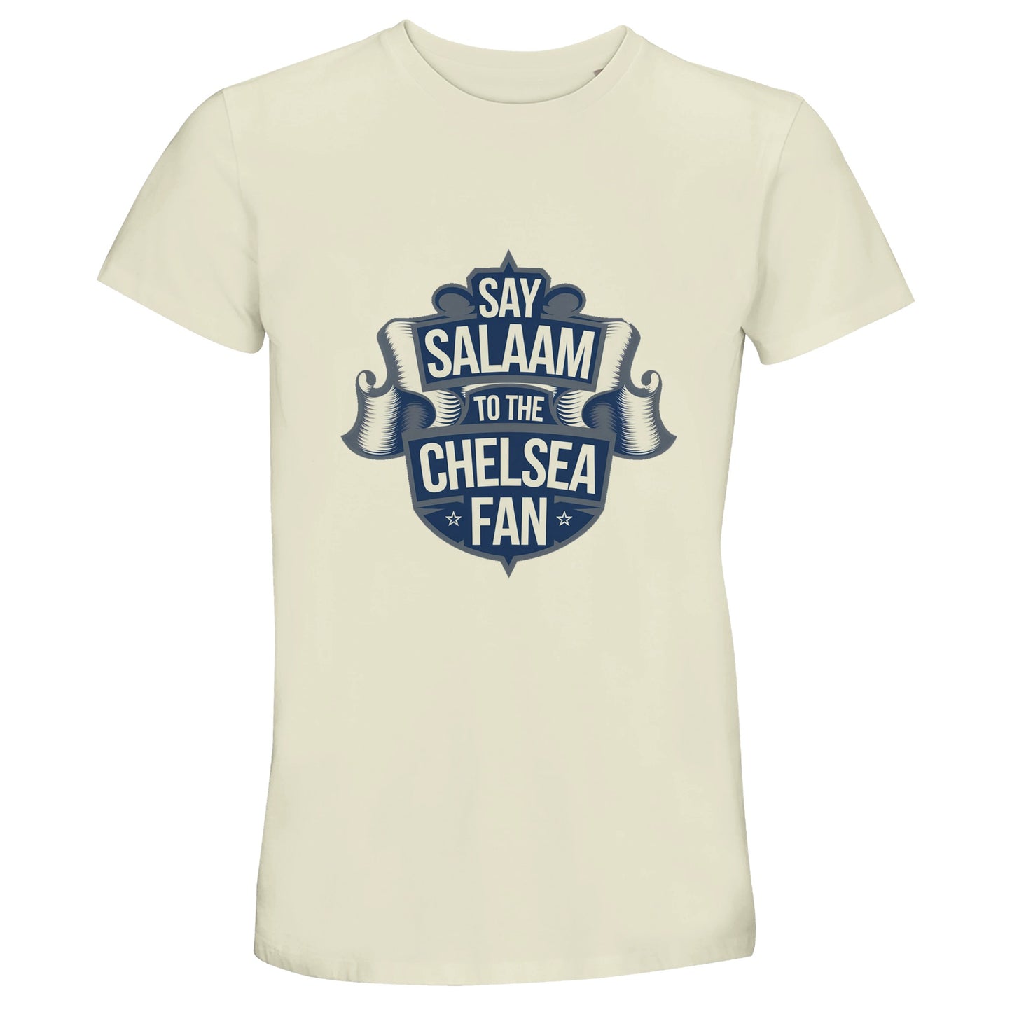 Say Salaam to the Chelsea Fan Design #6 50% Recycled Unisex Cotton T-Shirt – Natural / Moon Mist featuring a deep navy scroll graphic across the chest. Modest Chelsea football top for those who support the Blues with conscience, from watching UCL replays to skipping badge-heavy kits. A stylish, breathable, sponsor-free tee made from recycled cotton for Muslim fans who want soft comfort and quiet club pride. Unofficial merch made for Friday mosque wear, match day layering and London loyalty at a fair price.