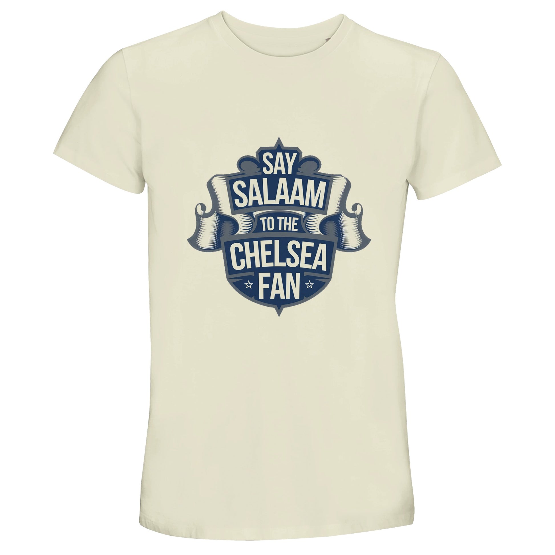 Say Salaam to the Chelsea Fan Design #6 50% Recycled Unisex Cotton T-Shirt – Natural / Moon Mist featuring a deep navy scroll graphic across the chest. Modest Chelsea football top for those who support the Blues with conscience, from watching UCL replays to skipping badge-heavy kits. A stylish, breathable, sponsor-free tee made from recycled cotton for Muslim fans who want soft comfort and quiet club pride. Unofficial merch made for Friday mosque wear, match day layering and London loyalty at a fair price.