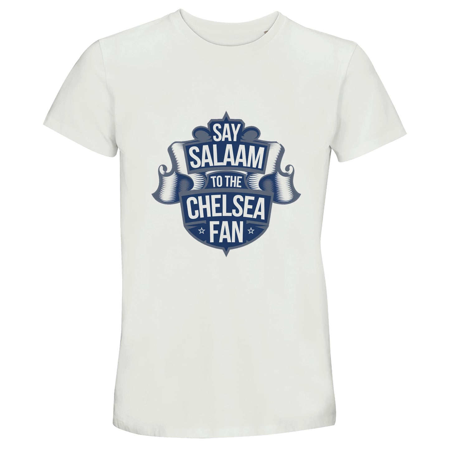 Say Salaam to the Chelsea Fan Design #6 50% Recycled Unisex Cotton T-Shirt – White / Platinum featuring a scroll-style ribbon crest graphic in deep navy. A modest football tee for Chelsea supporters who watch all the matches, follow line-ups, or visit the Megastore Stamford Bridge club shop in Fulham. Made for those who love the Islamic hello and London football without the sponsor logos. Soft, breathable streetwear for boys, girls and unisex fans who want halal-friendly football fashion beyond the badge.