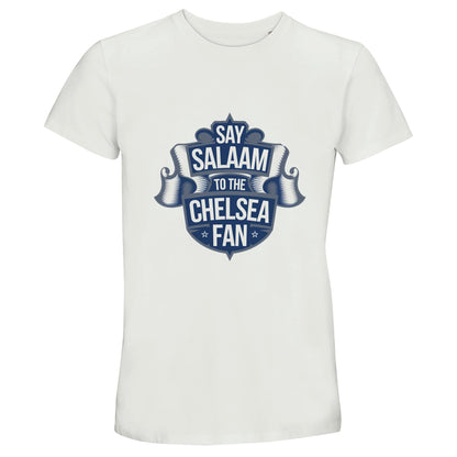 Say Salaam to the Chelsea Fan Design #6 50% Recycled Unisex Cotton T-Shirt – White / Platinum featuring a scroll-style ribbon crest graphic in deep navy. A modest football tee for Chelsea supporters who watch all the matches, follow line-ups, or visit the Megastore Stamford Bridge club shop in Fulham. Made for those who love the Islamic hello and London football without the sponsor logos. Soft, breathable streetwear for boys, girls and unisex fans who want halal-friendly football fashion beyond the badge.