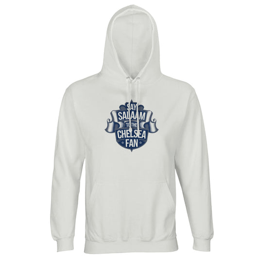 Say Salaam to the Chelsea Fan Design #6 Part-Recycled Cotton-Poly Hoodie – White / Platinum featuring a deep blue crest-style graphic with ribbon accents. A modest football hooded sweatshirt for Chelsea crazies streaming games, collecting kits, or visiting the Megastore club shop. Soft, sustainable matchday sweater for Blues supporters who cheer at home, travel to Stamford Bridge or track new stadium rumours. Graphic streetwear with no badge – just good price loyalty, football culture and Islamic identity.