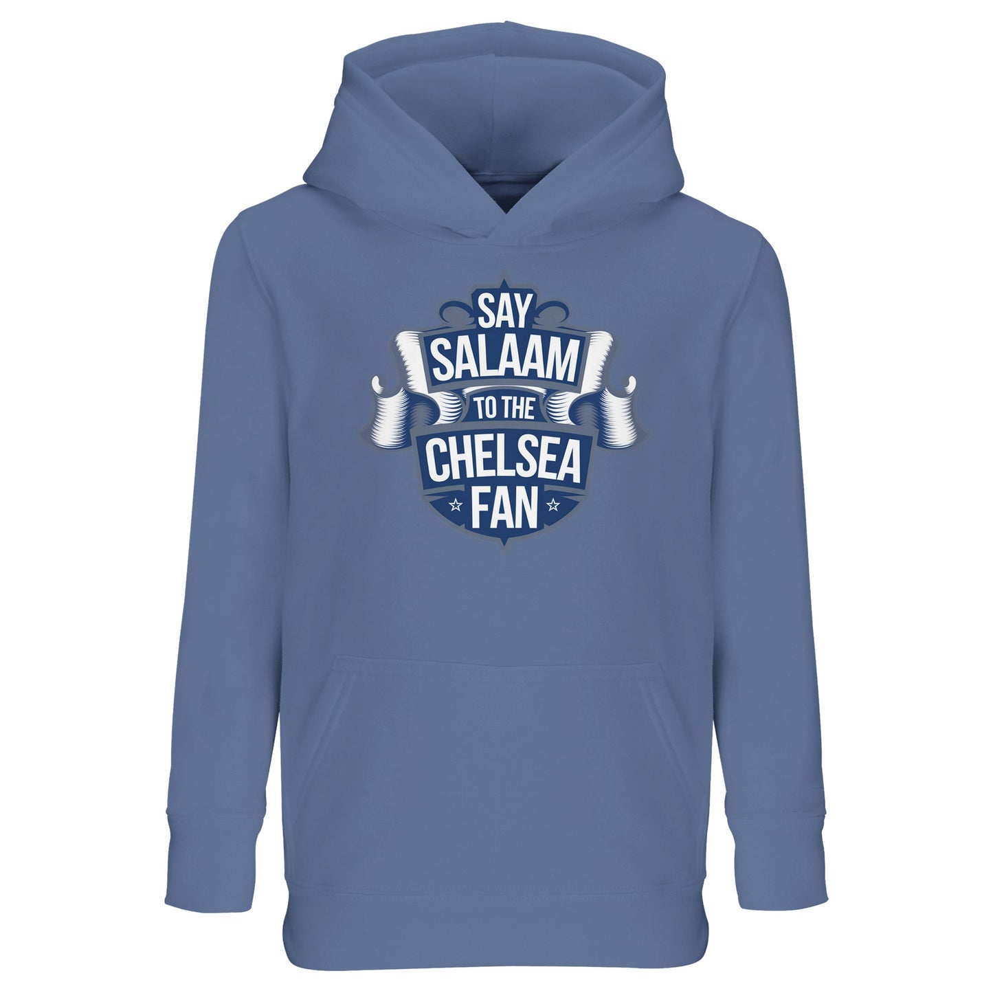 Say Salaam to the Chelsea Fan Design #6 Part-Recycled Cotton-Poly Kids Hoodie – Blue / Waikawa Grey featuring deep navy scroll-style artwork. This sustainable hoodie suits Muslim children who track fixtures, collect team posters or shop in the Chelsea store. Cosy matchday-ready pullover for football-loving kids who say Salaam before the stadium anthem plays. Modest fashion with iconic colour tones for young Blues who wear the culture – not just the crest and revere Colwill, Madueke, James and Guiu.