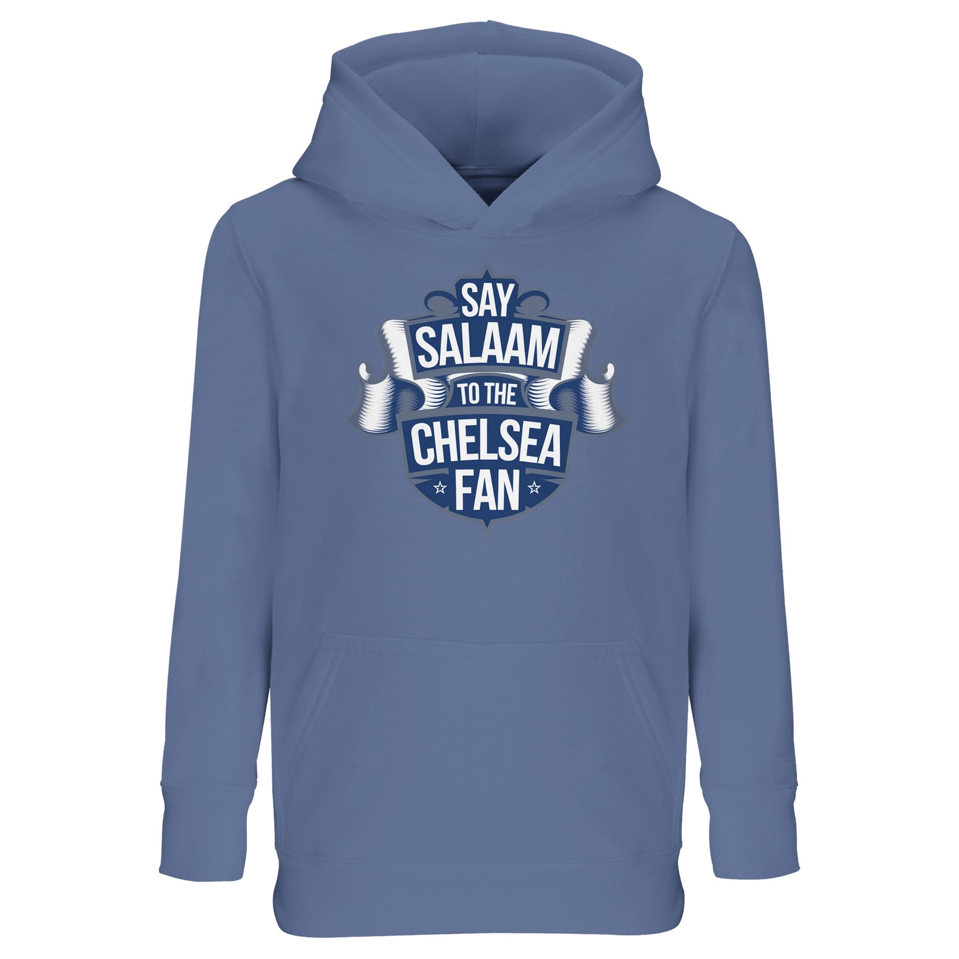 Say Salaam to the Chelsea Fan Design #6 Part-Recycled Cotton-Poly Kids Hoodie – Blue / Waikawa Grey featuring deep navy scroll-style artwork. This sustainable hoodie suits Muslim children who track fixtures, collect team posters or shop in the Chelsea store. Cosy matchday-ready pullover for football-loving kids who say Salaam before the stadium anthem plays. Modest fashion with iconic colour tones for young Blues who wear the culture – not just the crest and revere Colwill, Madueke, James and Guiu.