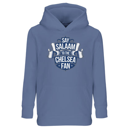 Say Salaam to the Chelsea Fan Design #6 Part-Recycled Cotton-Poly Kids Hoodie – Blue / Waikawa Grey featuring deep navy scroll-style artwork. This sustainable hoodie suits Muslim children who track fixtures, collect team posters or shop in the Chelsea store. Cosy matchday-ready pullover for football-loving kids who say Salaam before the stadium anthem plays. Modest fashion with iconic colour tones for young Blues who wear the culture – not just the crest and revere Colwill, Madueke, James and Guiu.
