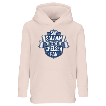 Say Salaam to the Chelsea Fan Design #6 Part-Recycled Cotton-Poly Kids Hoodie – Creamy Pink / Oyster Pink featuring a navy ribbon-style Chelsea graphic. A modest football hooded jumper for girls, boys or unisex fans who follow Chelsea FC with colour and character. From school-day fits to match replays, this stylish soft cotton-poly top with hood brings halal pride to every little Blue supporter since 1905. Fair priced, sustainable, graphic and stadium-ready – but without the badge or Megastore markup.