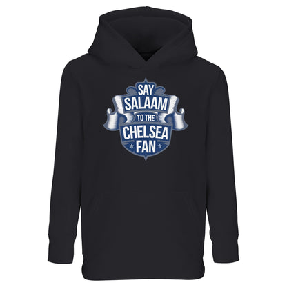 Say Salaam to the Chelsea Fan Design #6 Part-Recycled Cotton-Poly Kids Hoodie – Deep Black / Zeus with a crest-style navy graphic front and centre. Made for Muslim boys, girls, and unisex Chelsea fans who shop retro kits, follow Premier League updates or dream of new stadium nights. A graphic pullover that fits matchday layering or Friday mosque-school-football routines. No badge, just Blue loyalty and modest comfort for young supporters of the London giants.