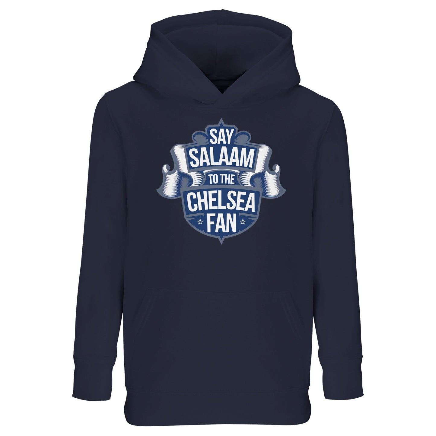 Say Salaam to the Chelsea Fan Design #6 Part-Recycled Cotton-Poly Kids Hoodie – French Navy / Ebony Clay featuring ribbon-styled Chelsea fan artwork in deep blue tones. Modest kidswear for Muslim fans who rewatch old match highlights, play FIFA career mode or keep tabs on the latest signings. A football hooded sweatshirt with halal design credentials – sustainable, soft and club culture-forward. Designed for little Stamford Bridge legends-in-waiting with big match dreams of Cucurella, James and Caicedo.