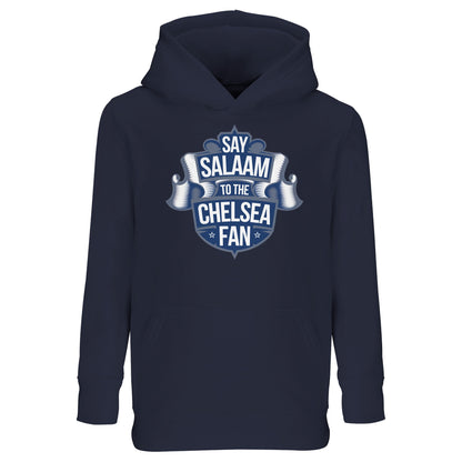 Say Salaam to the Chelsea Fan Design #6 Part-Recycled Cotton-Poly Kids Hoodie – French Navy / Ebony Clay featuring ribbon-styled Chelsea fan artwork in deep blue tones. Modest kidswear for Muslim fans who rewatch old match highlights, play FIFA career mode or keep tabs on the latest signings. A football hooded sweatshirt with halal design credentials – sustainable, soft and club culture-forward. Designed for little Stamford Bridge legends-in-waiting with big match dreams of Cucurella, James and Caicedo.