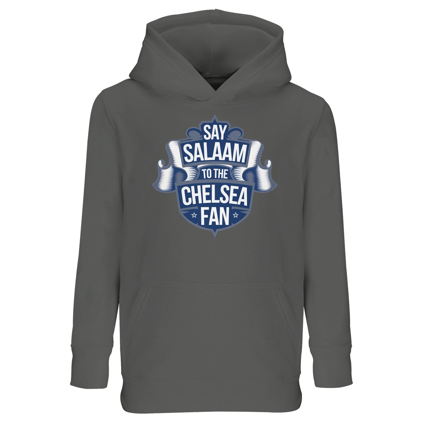 Say Salaam to the Chelsea Fan Design #6 Part-Recycled Cotton-Poly Kids Hoodie – Grey Melange / Classic Athletic Grey Blend featuring a navy football crest scroll. Graphic modest hooded top for Chelsea-loving children who follow scores, wear kits to school or shop youth sizes in the Megastore. Soft, sustainable cotton-poly fabric made for good prices, cold nights or casual football Fridays. Not official merch – just stylish love for West London’s boys in Blue – the team of Zola, Eden Hazard and Cole Palmer.