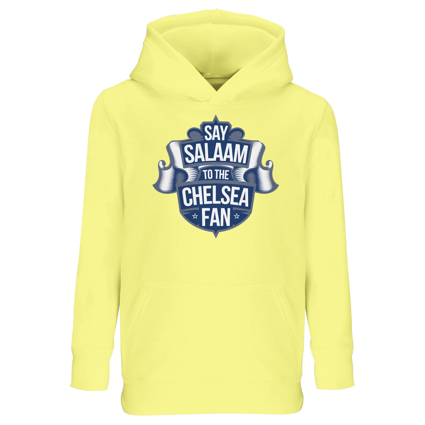 Say Salaam to the Chelsea Fan Design #6 Part-Recycled Cotton-Poly Kids Hoodie – Light Yellow / Lemon Chiffon with navy crest ribbon design. Modest hoodie for Muslim children into Chelsea FC, football stickers, matchday prep or TikTok fan edits. Warm enough for winter school days or watching football with the family, with no badge – just the Islamic hello and stadium-ready pride. Great gift for match-loving boys, girls and gender-inclusive football fans.