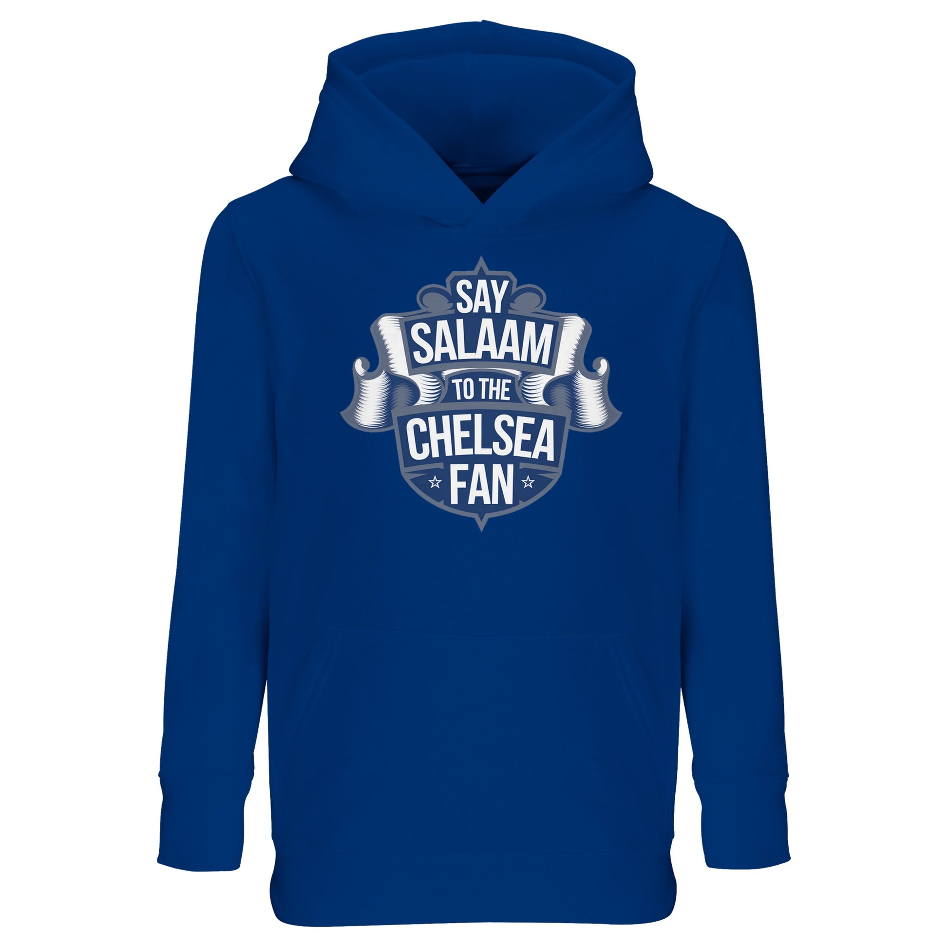 Say Salaam to the Chelsea Fan Design #6 Part-Recycled Cotton-Poly Kids Hoodie – Royal Blue / Dark Midnight Blue with a subtle crest-inspired ribbon graphic in navy. Made for young Muslim Chelsea supporters watching Academy streams or trying out chants in the playground. A soft football hooded pullover with modest design and high style – perfect for layering under a jacket or repping the club after salah. Everyday comfort with a Blue identity stitched in for when you’ve got the Chelsea tickets in your hand.