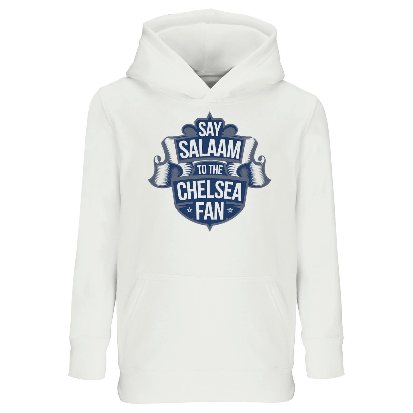 Say Salaam to the Chelsea Fan Design #6 Part-Recycled Cotton-Poly Kids Hoodie – White / Platinum featuring a deep navy scroll-style crest graphic. Modest football hoodie for Muslim children who support Chelsea FC, browse the club shop, or stream midweek fixtures after school. A graphic hoodie that brings Stamford Bridge pride to little fans who chant, track goals, or love sustainable football clothing. Halal cold-weather merch for Blue youth repping faith and football.