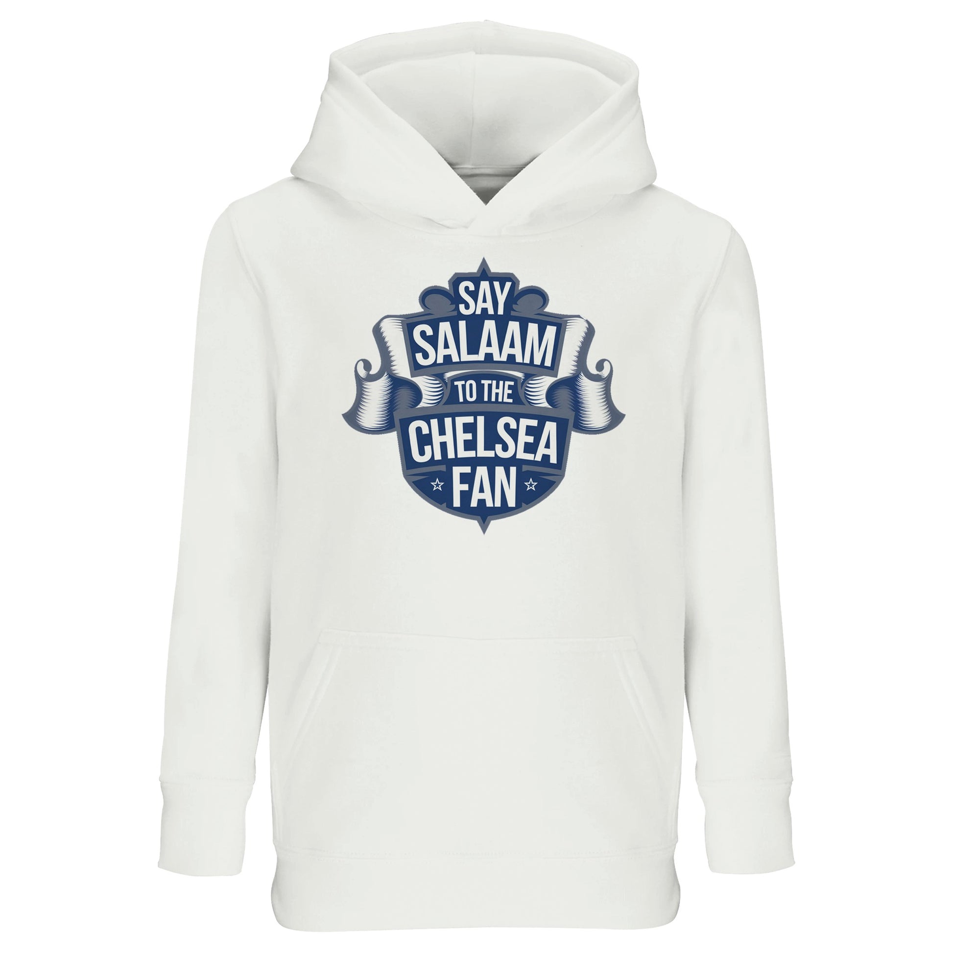 Say Salaam to the Chelsea Fan Design #6 Part-Recycled Cotton-Poly Kids Hoodie – White / Platinum featuring a deep navy scroll-style crest graphic. Modest football hoodie for Muslim children who support Chelsea FC, browse the club shop, or stream midweek fixtures after school. A graphic hoodie that brings Stamford Bridge pride to little fans who chant, track goals, or love sustainable football clothing. Halal cold-weather merch for Blue youth repping faith and football.