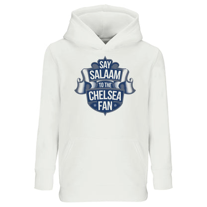 Say Salaam to the Chelsea Fan Design #6 Part-Recycled Cotton-Poly Kids Hoodie – White / Platinum featuring a deep navy scroll-style crest graphic. Modest football hoodie for Muslim children who support Chelsea FC, browse the club shop, or stream midweek fixtures after school. A graphic hoodie that brings Stamford Bridge pride to little fans who chant, track goals, or love sustainable football clothing. Halal cold-weather merch for Blue youth repping faith and football.