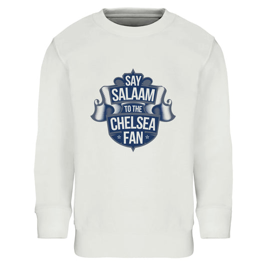 Say Salaam to the Chelsea Fan Design #6 Part-Recycled Cotton-Poly Kids Sweatshirt – White / Platinum featuring a deep navy ribbon-crest graphic. A soft, modest jumper for Muslim children into Chelsea FC, Premier League or retro kits. Sustainable pullover for school-day fits, prayer time at the mosque or viewing from the sofa. No badge, no fuss – just streetwear comfort stitched with Stamford Bridge pride and Islamic identity from young fans who shop club stores. An Eid or Christmas gift for your colleague.