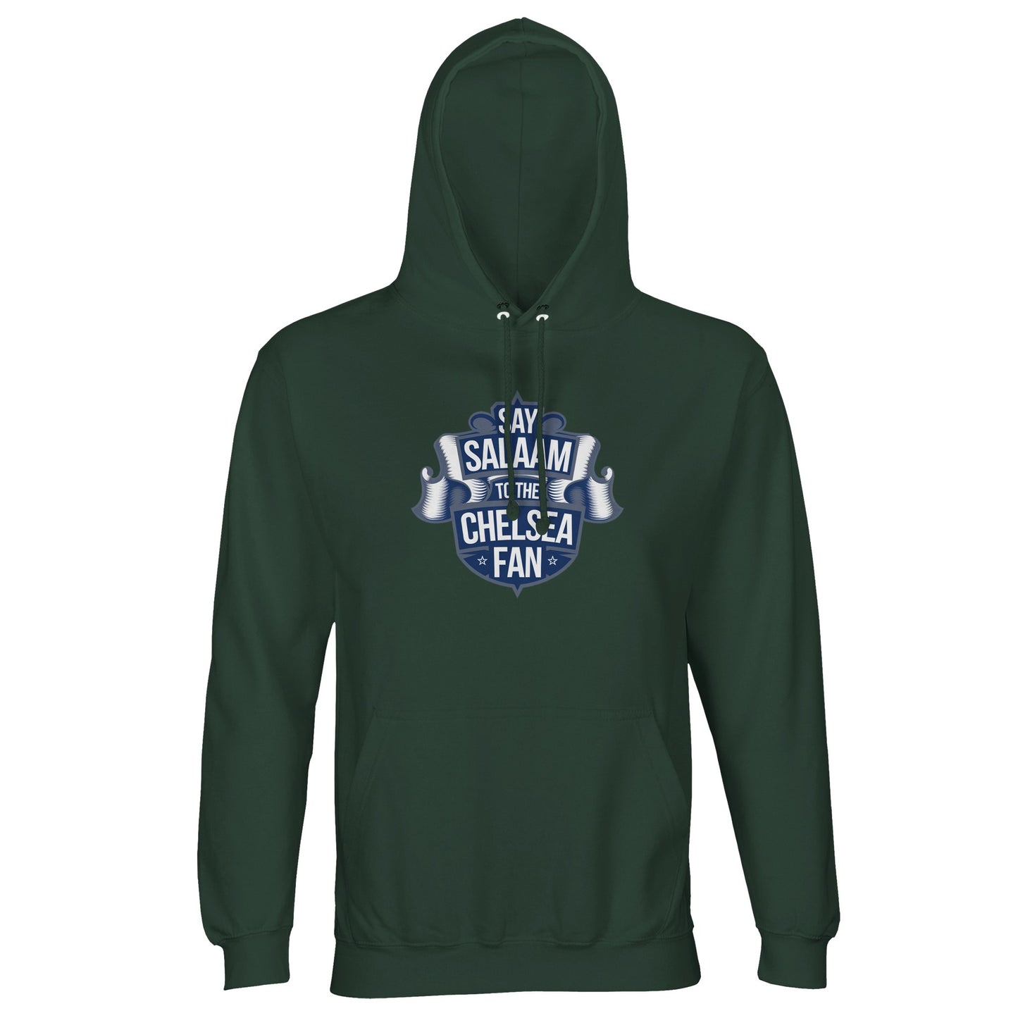 Bottle Green / Outer Space Say Salaam to the Chelsea Fan hoodie gives Muslims a deeper, understated colour while representing Chelsea FC. Designed for warmth and comfort at a cheap price, it’s a high quality unisex top suited to modest everyday wear. Praised in reviews for reliable fit and soft feel, it works for match nights, away travel or casual soccer styling with a vintage edge. If you want something outside the typical Chelsea Megastore kit options, this makes a distinctive Supporters Group Eid gift.