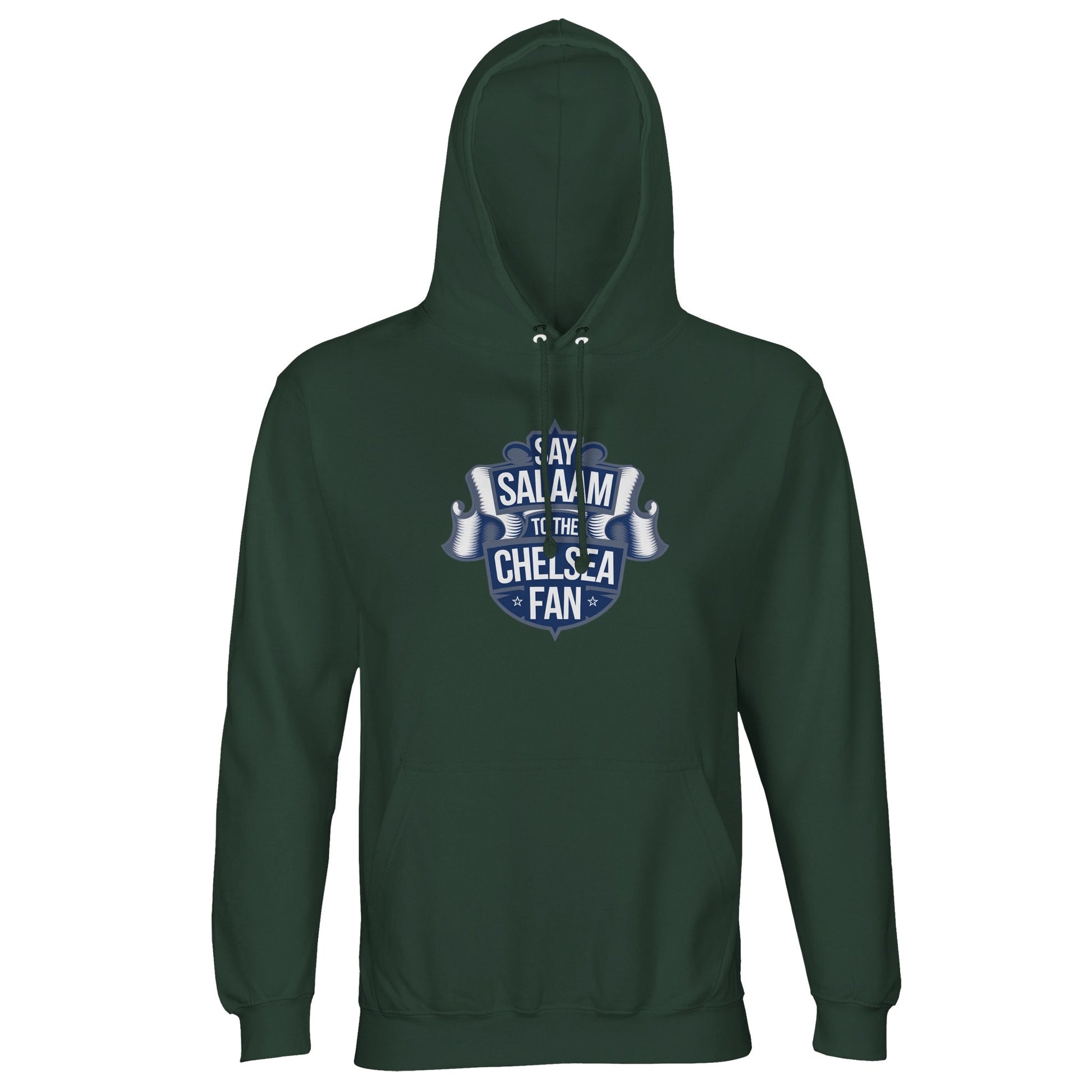 Bottle Green / Outer Space Say Salaam to the Chelsea Fan hoodie gives Muslims a deeper, understated colour while representing Chelsea FC. Designed for warmth and comfort at a cheap price, it’s a high quality unisex top suited to modest everyday wear. Praised in reviews for reliable fit and soft feel, it works for match nights, away travel or casual soccer styling with a vintage edge. If you want something outside the typical Chelsea Megastore kit options, this makes a distinctive Supporters Group Eid gift.