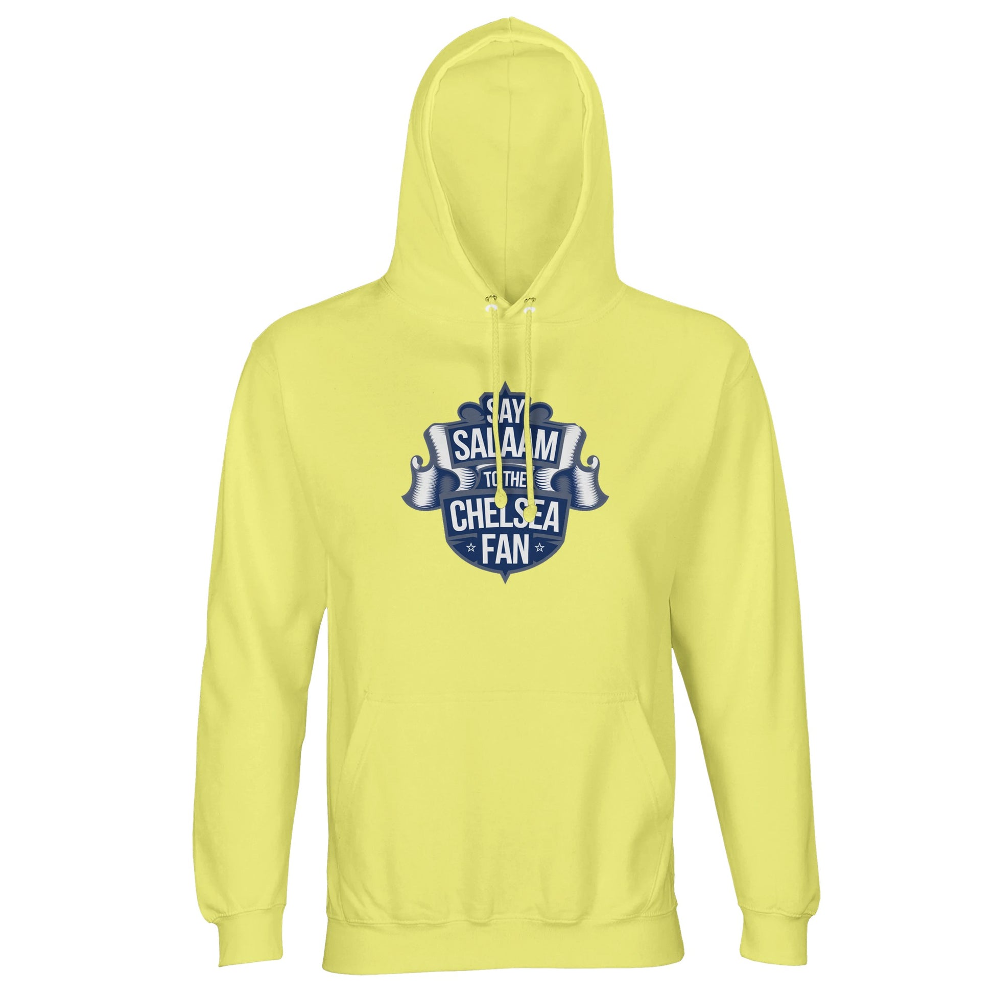 Light Yellow / Lemon Chiffon Say Salaam to the Chelsea Fan hoodie adds a bright twist to Chelsea FC fanwear for Muslims. Designed to be warm, comfortable and high quality at a cheap price, it suits modest styling on match days or casual outings. Well reviewed for colour retention and fit, it stands out from typical kit and shirt sponsor options in the Chelsea Megastore. Ideal for those who love soccer culture and away games, this unisex top makes a cheerful Supporters Group gift for Eid.