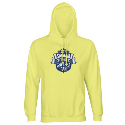 Light Yellow / Lemon Chiffon Say Salaam to the Chelsea Fan hoodie adds a bright twist to Chelsea FC fanwear for Muslims. Designed to be warm, comfortable and high quality at a cheap price, it suits modest styling on match days or casual outings. Well reviewed for colour retention and fit, it stands out from typical kit and shirt sponsor options in the Chelsea Megastore. Ideal for those who love soccer culture and away games, this unisex top makes a cheerful Supporters Group gift for Eid.