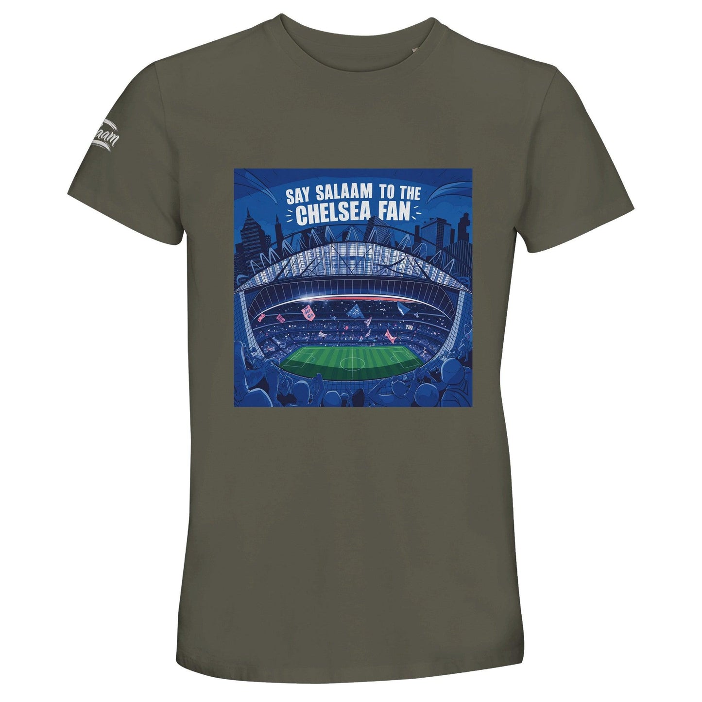 Say Salaam to the Chelsea Fan Design #7 50% Recycled Unisex Cotton T-Shirt – Army / Fuscous Grey with a deep-toned illustration of Stamford Bridge, flying flags and slogan in bold. A muted-colour Chelsea tee for modest football wearers and streetwear lovers following Premier League action. Graphic, sustainable, and perfect top for fans of Jose Mourinho’s era. Not official merch – you won’t find this in the Chelsea Megastore, but it’s made for real supporters. Excellent price and high quality for Eid gifts.