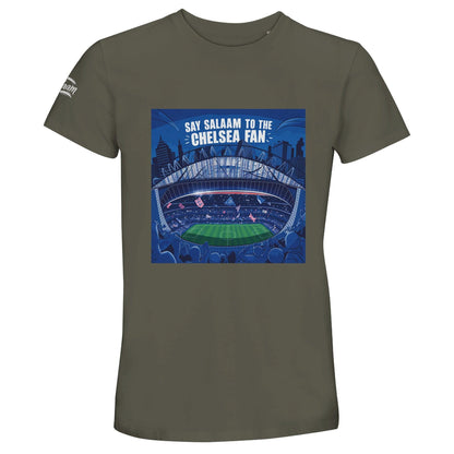 Say Salaam to the Chelsea Fan Design #7 50% Recycled Unisex Cotton T-Shirt – Army / Fuscous Grey with a deep-toned illustration of Stamford Bridge, flying flags and slogan in bold. A muted-colour Chelsea tee for modest football wearers and streetwear lovers following Premier League action. Graphic, sustainable, and perfect top for fans of Jose Mourinho’s era. Not official merch – you won’t find this in the Chelsea Megastore, but it’s made for real supporters. Excellent price and high quality for Eid gifts.