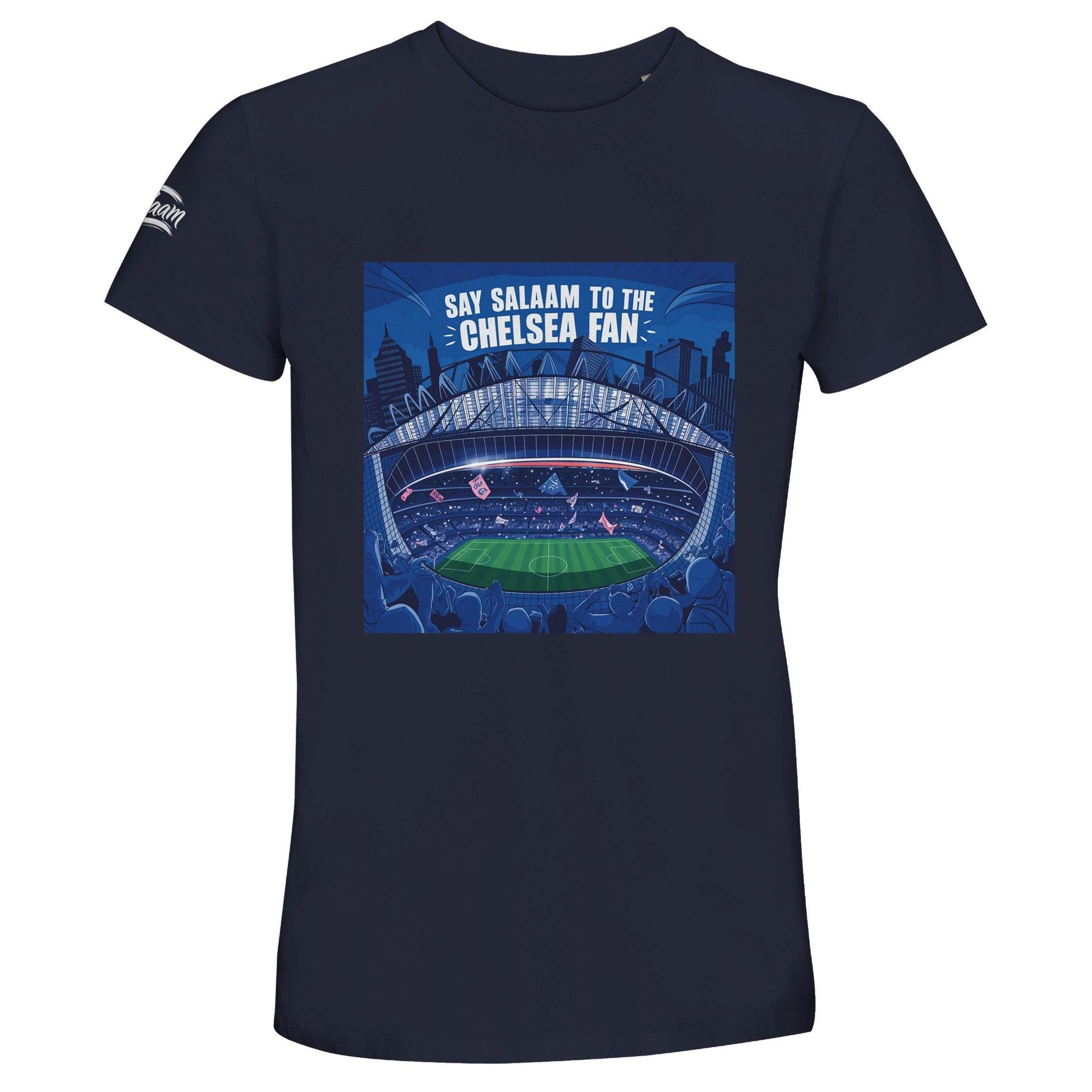 Say Salaam to the Chelsea Fan Design #7 50% Recycled Unisex Cotton T-Shirt – French Navy / Ebony Clay showing stylised Stamford Bridge matchday scene with red flags, bold slogan print, and a deep skyline tone. A football streetwear tee made for the Chelsea faithful – unisex, modest, soft, and sustainably made. Whether you love the drama of the Premier League or just great design, this isn’t official club merch – but you won’t find it in the Chelsea Megastore either. Great price and high quality for gifts.