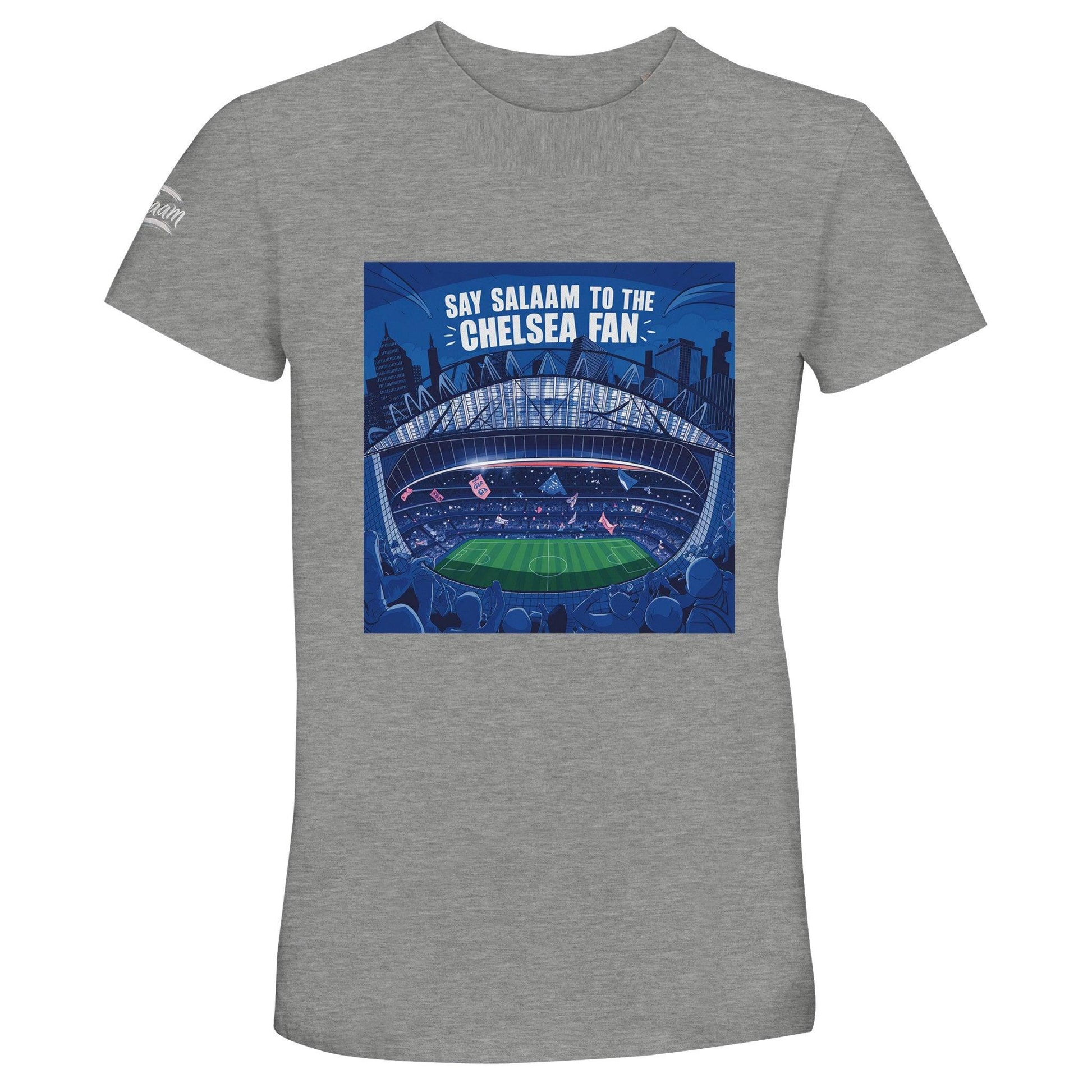 Say Salaam to the Chelsea Fan Design #7 50% Recycled Unisex Cotton T-Shirt – Grey Melange / Classic Athletic Grey featuring stylised Stamford Bridge art in red, tan, and black with slogan front and centre. Soft, sustainable Chelsea football tee for lovers of classic kits, big goals, and smart casualwear. Modest and made for Premier League matchdays, gift-giving, and graphic football style. Not sold in the Chelsea Megastore for Eid, birthdays and presents for colleagues – but this is the essential version.