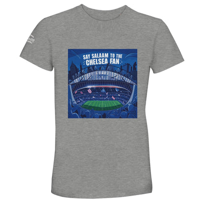Say Salaam to the Chelsea Fan Design #7 50% Recycled Unisex Cotton T-Shirt – Grey Melange / Classic Athletic Grey featuring stylised Stamford Bridge art in red, tan, and black with slogan front and centre. Soft, sustainable Chelsea football tee for lovers of classic kits, big goals, and smart casualwear. Modest and made for Premier League matchdays, gift-giving, and graphic football style. Not sold in the Chelsea Megastore for Eid, birthdays and presents for colleagues – but this is the essential version.