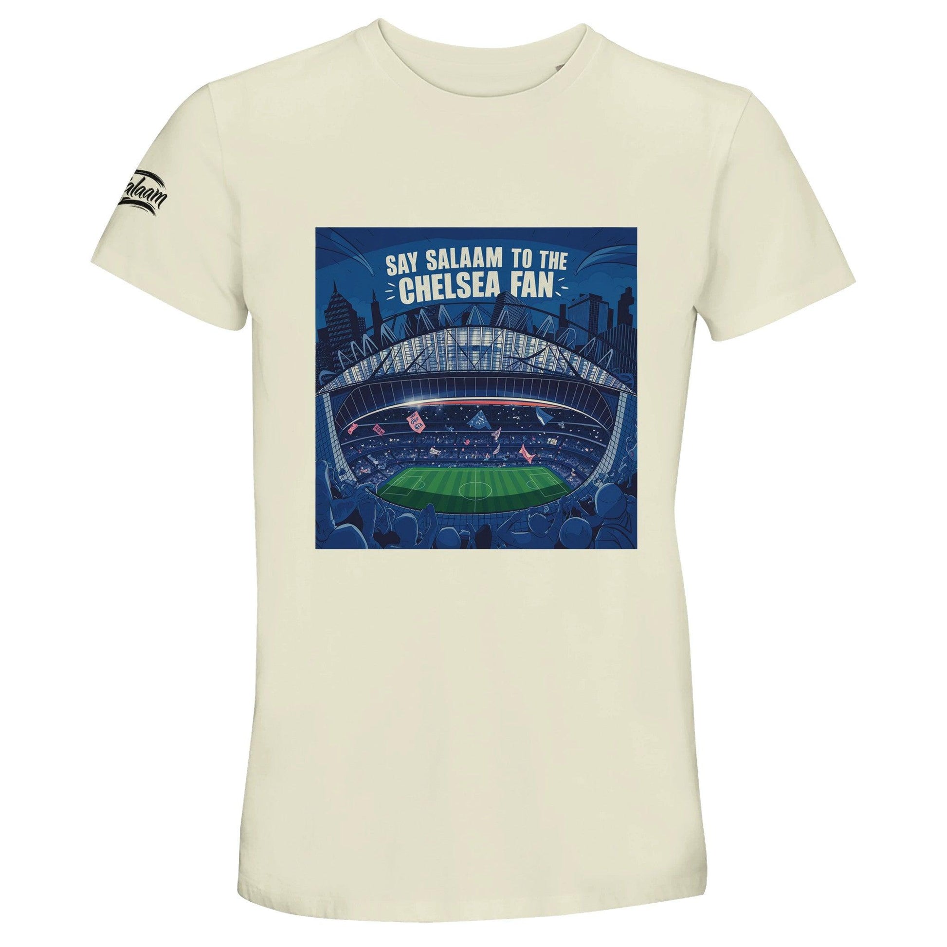 Say Salaam to the Chelsea Fan Design #7 50% Recycled Unisex Cotton T-Shirt – Natural / Satin Linen featuring illustrated Stamford Bridge in muted tones, Slogan text in black, and red matchday flags. A breathable, modest tee for streetwear lovers and football supporters who live and dress like Chelsea Headhunters. Sustainable basic fashion for nostalgic fans of Enzo Maresca’s Chelsea. Not official merch – and not something you’ll find in the Chelsea Megastore, but well designed and with a good pricetag.
