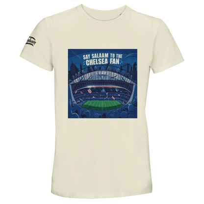 Say Salaam to the Chelsea Fan Design #7 50% Recycled Unisex Cotton T-Shirt – Natural / Satin Linen featuring illustrated Stamford Bridge in muted tones, Slogan text in black, and red matchday flags. A breathable, modest tee for streetwear lovers and football supporters who live and dress like Chelsea Headhunters. Sustainable basic fashion for nostalgic fans of Enzo Maresca’s Chelsea. Not official merch – and not something you’ll find in the Chelsea Megastore, but well designed and with a good pricetag.