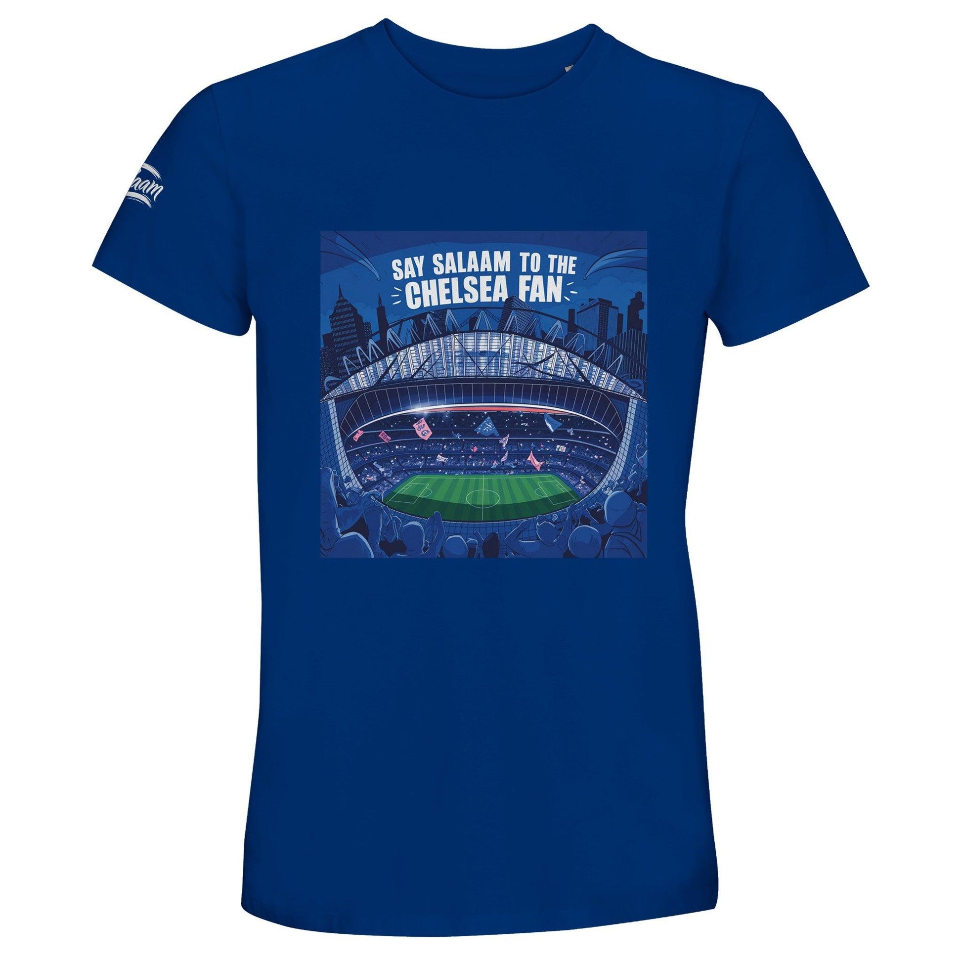 Say Salaam to the Chelsea Fan Design #7 50% Recycled Unisex Cotton T-Shirt – Royal Blue / Dark Midnight Blue featuring Stamford Bridge under the London, England lights with flags raised and slogan in bold type. A modest graphic top for real supporters of Chelsea FC and lovers of sustainable, football-inspired fashion. Whether you stream online or cheer from the Shed End, this isn’t Chelsea Megastore merch – it’s a style statement for fans of Frank Lampard, Cole Palmer and Didier Drogba – x2 European Champs.