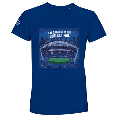 Say Salaam to the Chelsea Fan Design #7 50% Recycled Unisex Cotton T-Shirt – Royal Blue / Dark Midnight Blue featuring Stamford Bridge under the London, England lights with flags raised and slogan in bold type. A modest graphic top for real supporters of Chelsea FC and lovers of sustainable, football-inspired fashion. Whether you stream online or cheer from the Shed End, this isn’t Chelsea Megastore merch – it’s a style statement for fans of Frank Lampard, Cole Palmer and Didier Drogba – x2 European Champs.