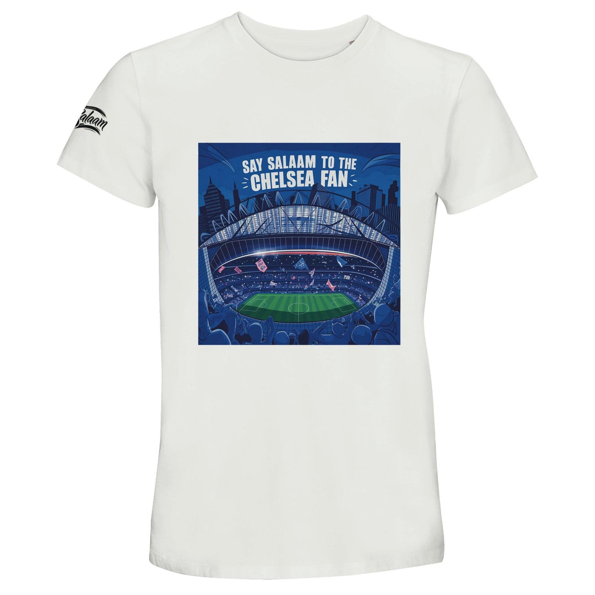 Say Salaam to the Chelsea Fan Design #7 50% Recycled Unisex Cotton T-Shirt – White / Platinum featuring bold ‘Say Salaam to the Chelsea Fan’ text over illustrated Stamford Bridge crowd in tan, red, and black. Flags flying, London skyline, blue tones. A sustainable Chelsea tee made for modest football fashion lovers. Unofficial merch, essential graphic clothing for fans of Enzo Maresca’s squad, matchday classics, and club nostalgia in the Premier League and beyond. Not available in the Chelsea Megastore.
