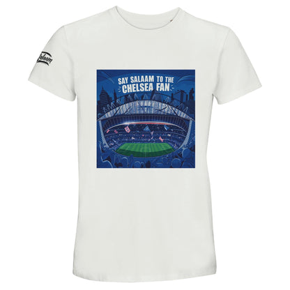 Say Salaam to the Chelsea Fan Design #7 50% Recycled Unisex Cotton T-Shirt – White / Platinum featuring bold ‘Say Salaam to the Chelsea Fan’ text over illustrated Stamford Bridge crowd in tan, red, and black. Flags flying, London skyline, blue tones. A sustainable Chelsea tee made for modest football fashion lovers. Unofficial merch, essential graphic clothing for fans of Enzo Maresca’s squad, matchday classics, and club nostalgia in the Premier League and beyond. Not available in the Chelsea Megastore.