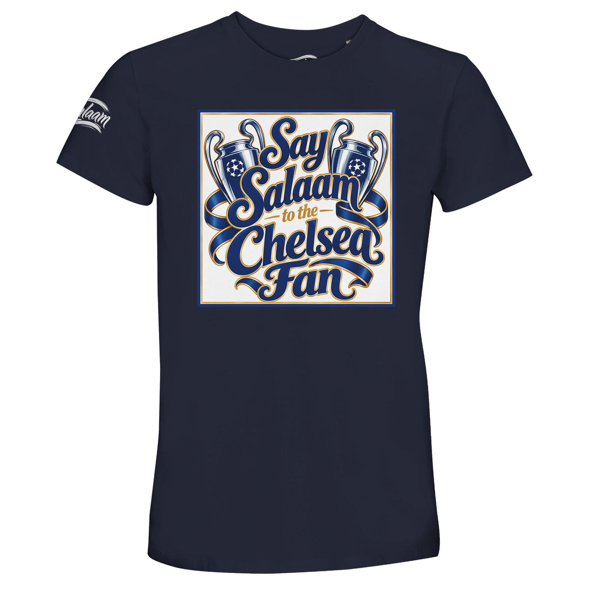 Say Salaam to the Chelsea Fan, Design #7, on a French Navy 50% recycled unisex cotton T-shirt. The French Navy shade is also described as deep navy, midnight blue and ebony-clay navy. Front-view mock-up showing the Say Salaam fan graphic printed on a short-sleeved crew-neck tee. For Chelsea FC, Blues and Stamford Bridge. Casual unisex graphic clothing for men and women, modest Muslim streetwear, everyday fashion and themed presents. Suitable for weekends, matchdays, birthdays and Eid gifts.